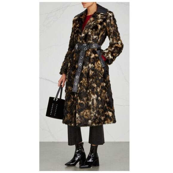 HELMUT LANG Tortoise Faux-fur Shawl-collar Belted Coat  Size Small - Picture 1 of 16